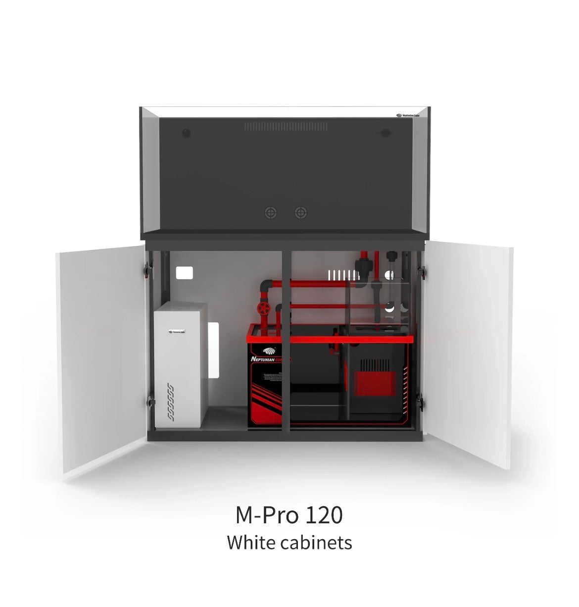 Neptunian Cube Magic Pro 120 wit open onderkast met sump, UPVC-leidingen en ATO-reservoir
