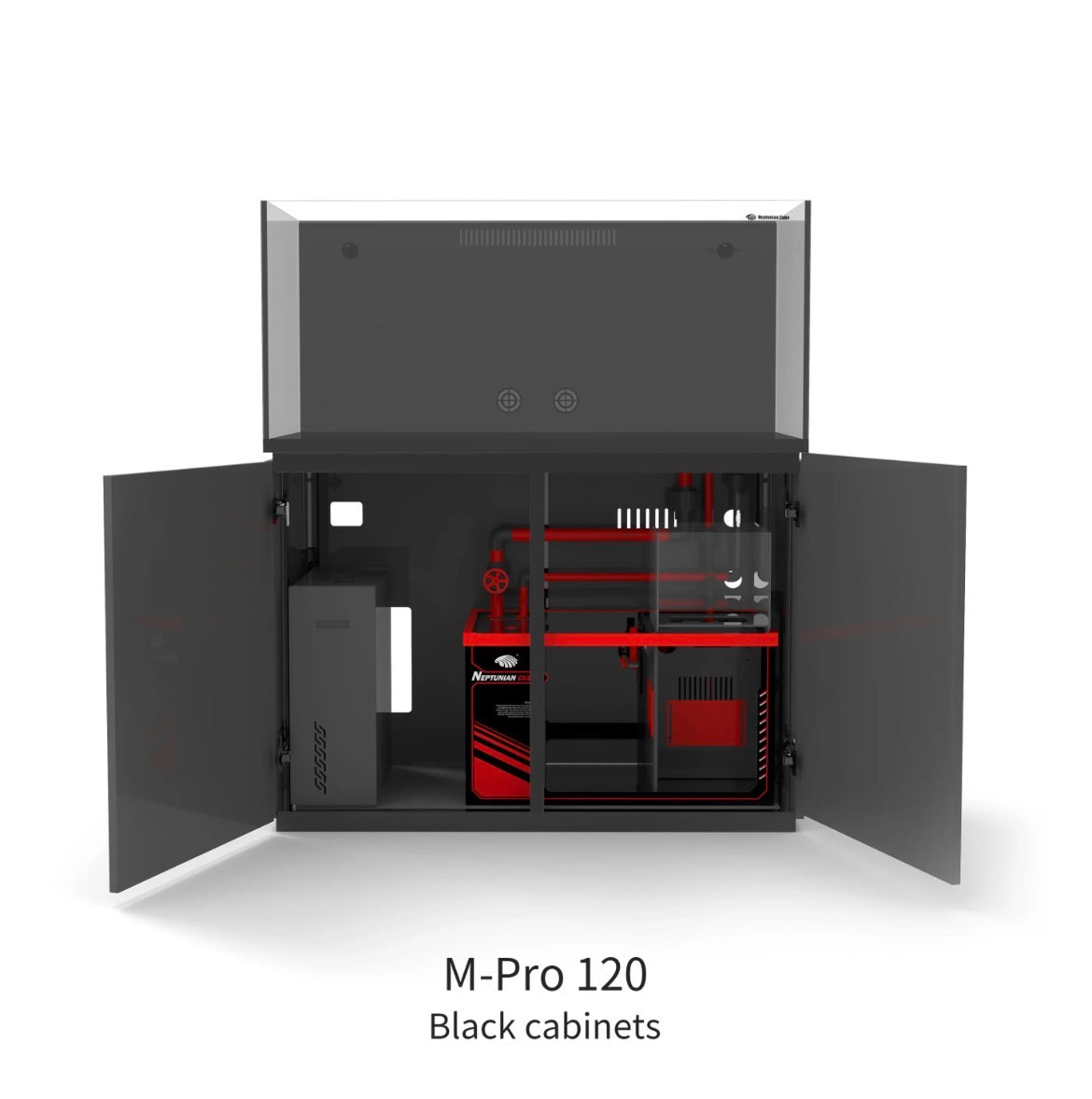 Neptunian Cube Magic Pro 120 zwart open onderkast met sump, UPVC-leidingen en ATO-reservoir
