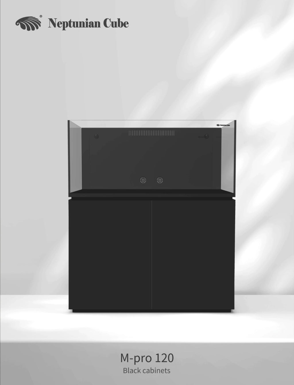 Neptunian Cube Magic Pro 120 reef aquarium met zwarte onderkast - vooraanzicht
