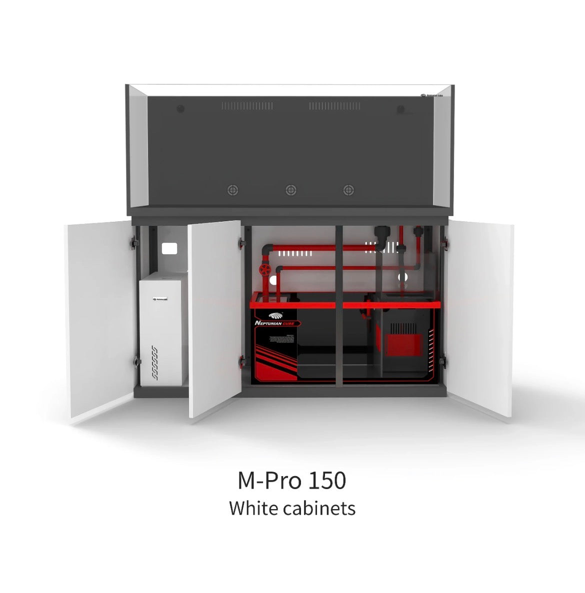 Neptunian Cube Magic Pro 150 wit open onderkast met sump, UPVC-leidingen en ATO-reservoir
