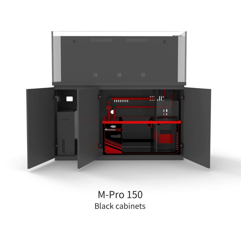 Neptunian Cube Magic Pro 150 zwart open onderkast met sump, UPVC-leidingen en ATO-reservoir
