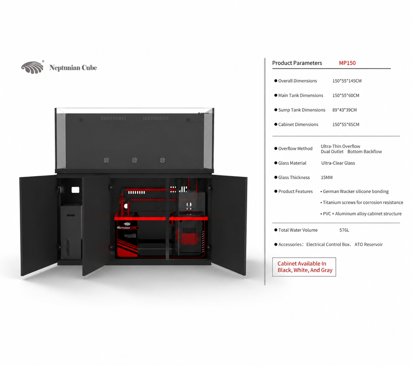 Neptunian Cube Magic Pro 150 zwart technische specificaties - 576L totaalinhoud, 150×55×60cm, Ultra-Thin Overflow
