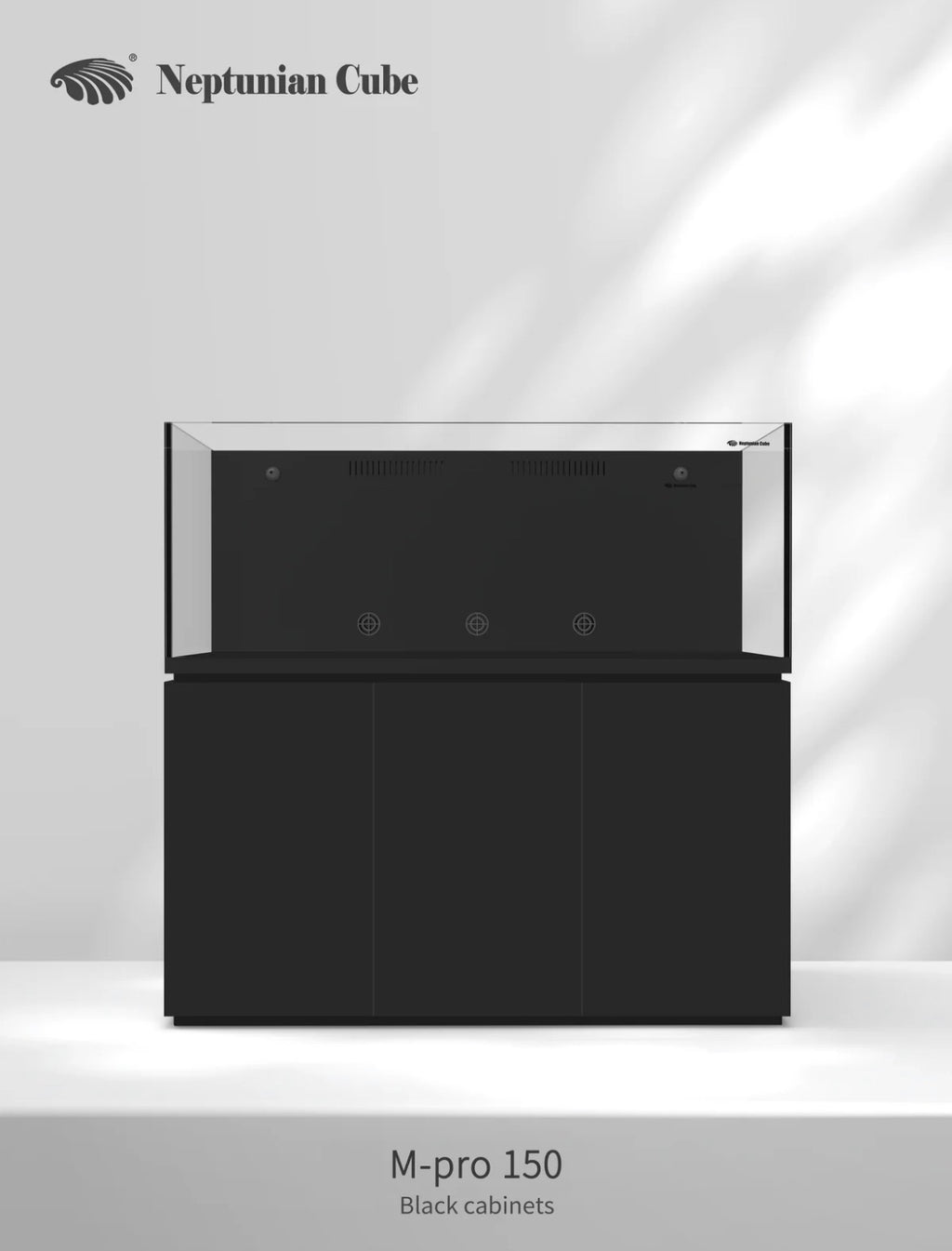 Neptunian Cube Magic Pro 150 reef aquarium met zwarte onderkast - vooraanzicht
