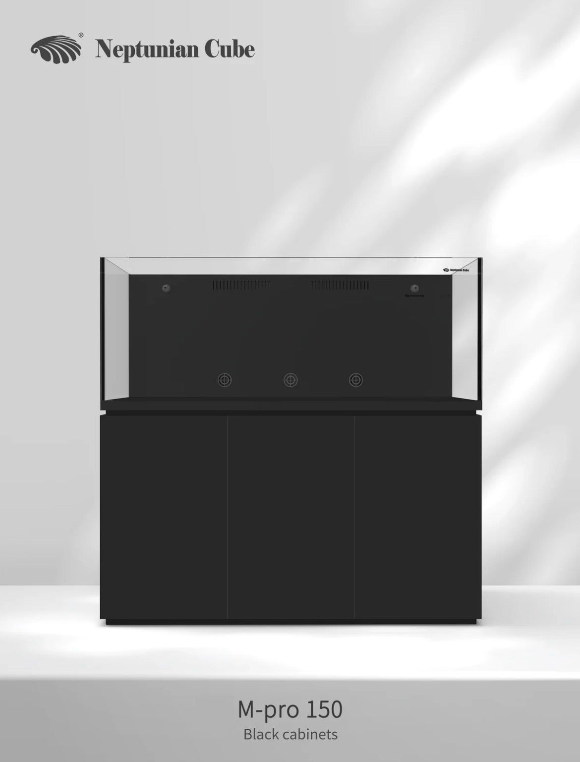 Neptunian Cube Magic Pro 150 reef aquarium met zwarte onderkast - vooraanzicht
