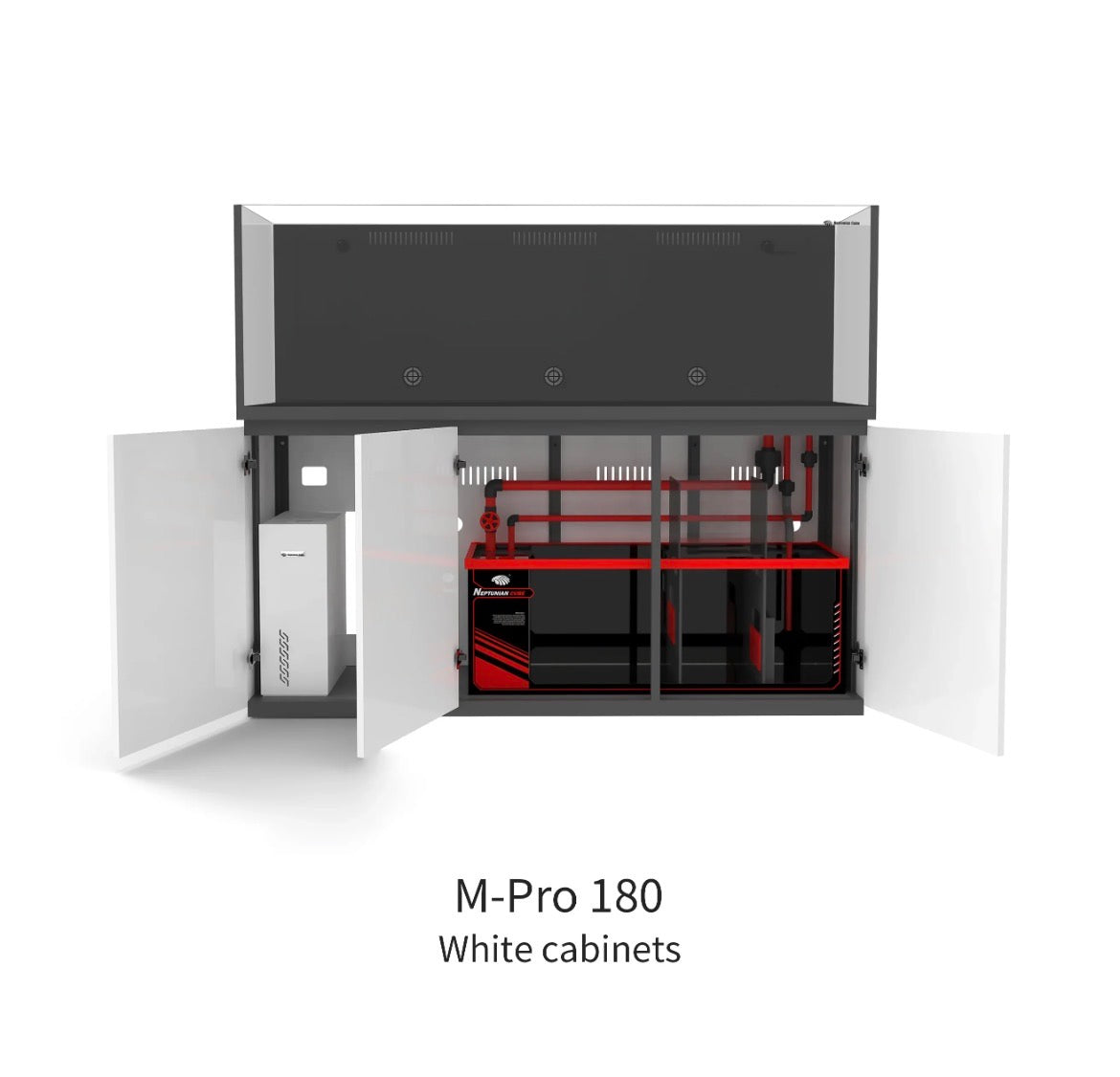 Neptunian Cube Magic Pro 180 wit open onderkast met sump, UPVC-leidingen en ATO-reservoir
