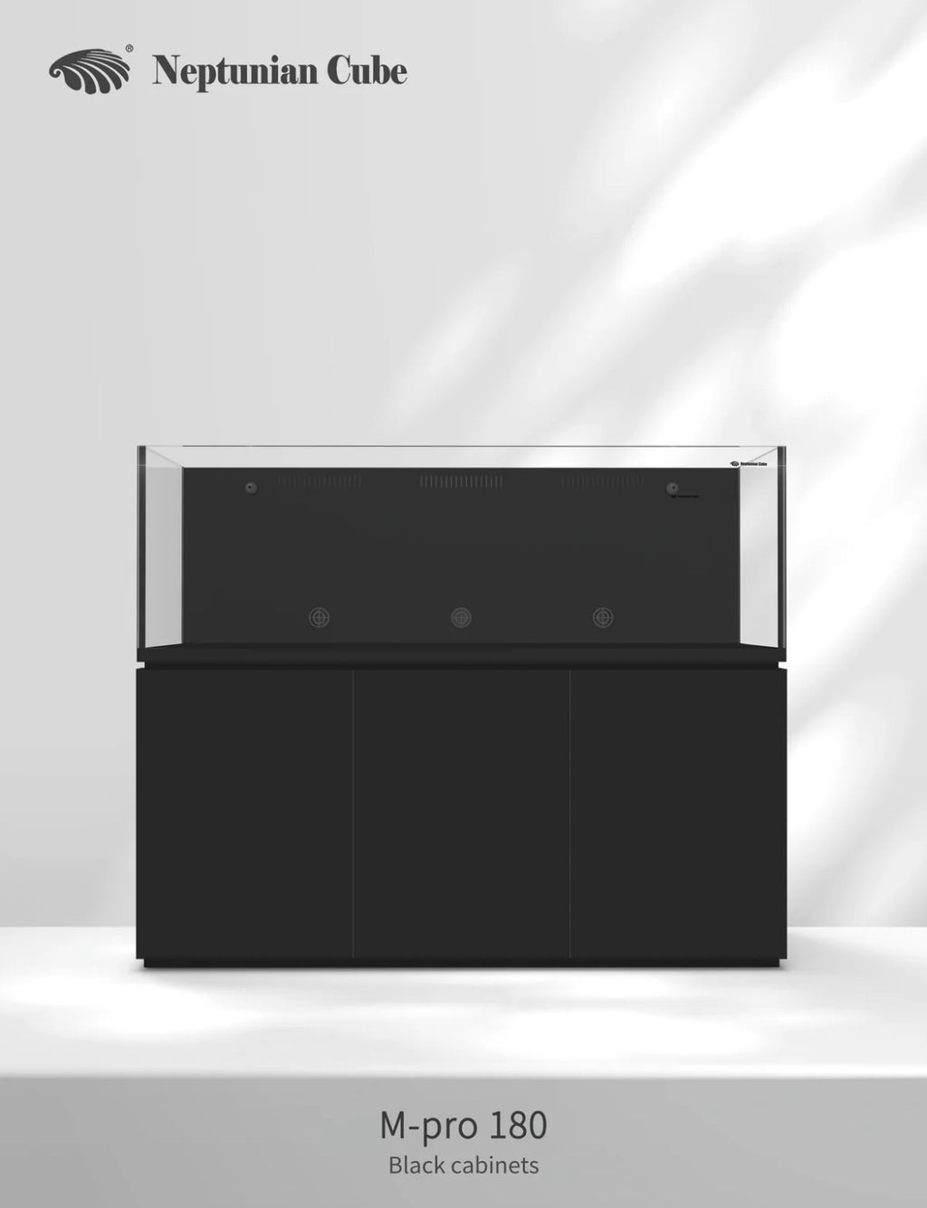 Neptunian Cube Magic Pro 180 reef aquarium met zwarte onderkast - vooraanzicht
