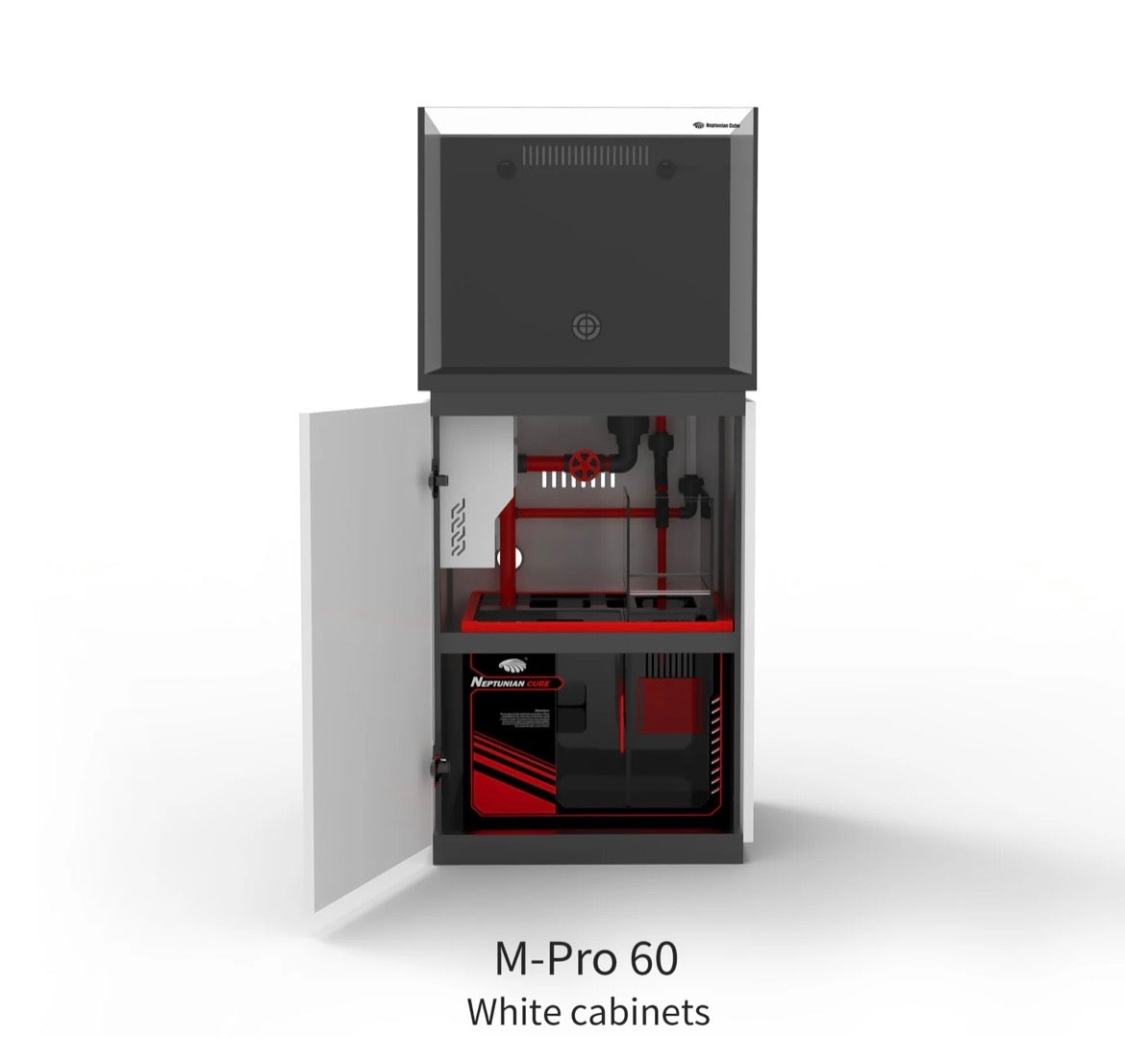 Neptunian Cube Magic Pro 60 open onderkast met sump, UPVC-leidingen en ATO-reservoir
