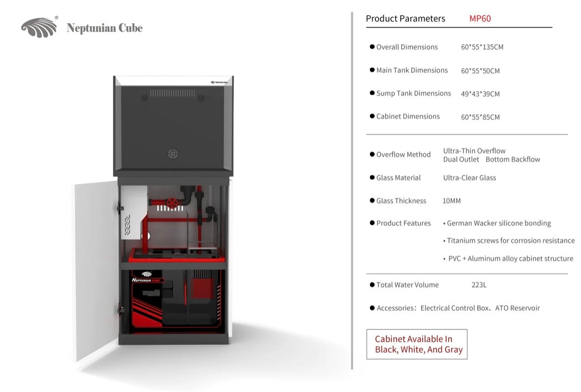 Neptunian Cube Magic Pro 60 technische specificaties - Ultra-Thin Overflow, 223L totaalinhoud, verkrijgbaar in zwart, wit en grijs
