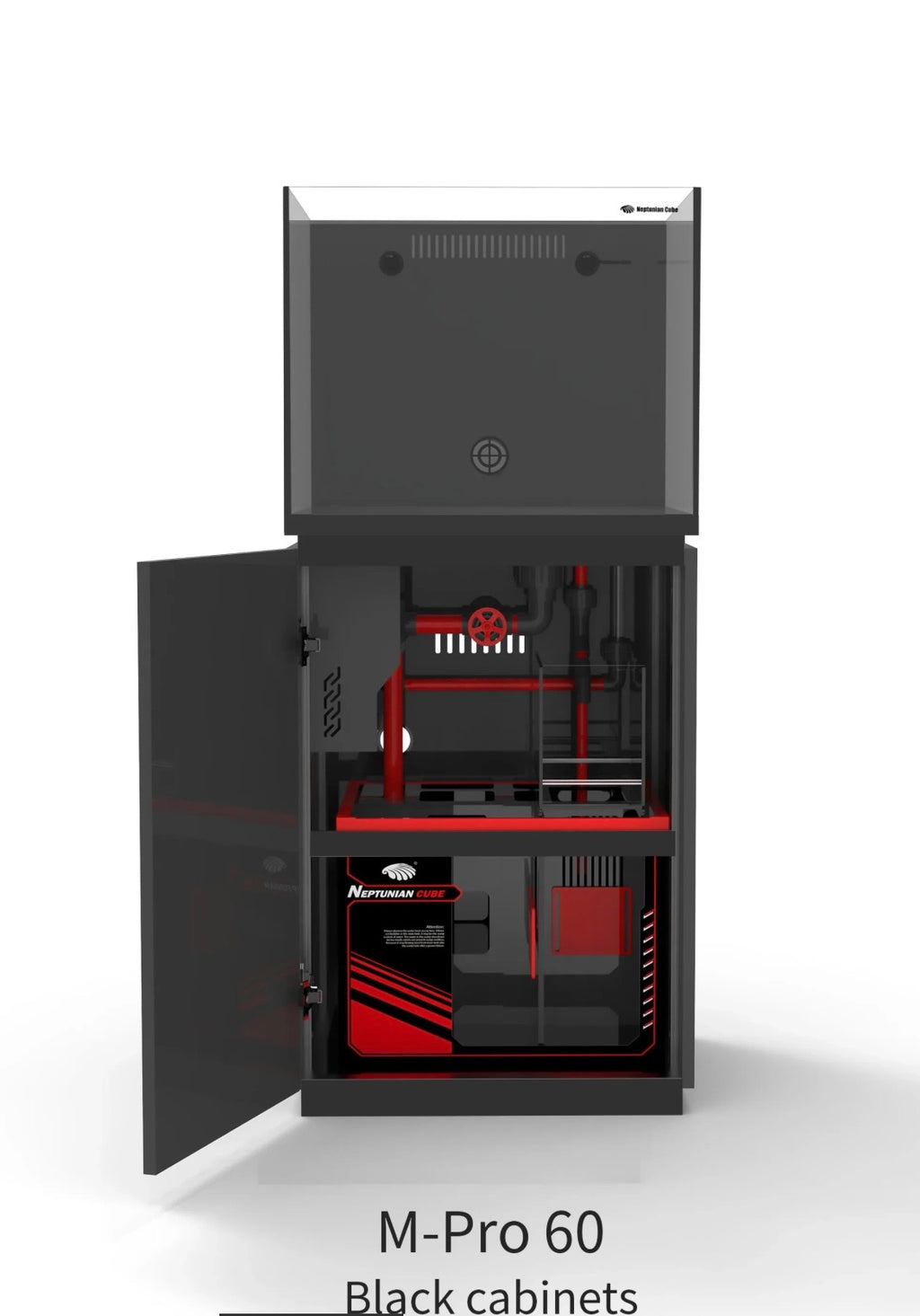 Neptunian Cube Magic Pro 60 zwart open onderkast met sump, UPVC-leidingen en ATO-reservoir
