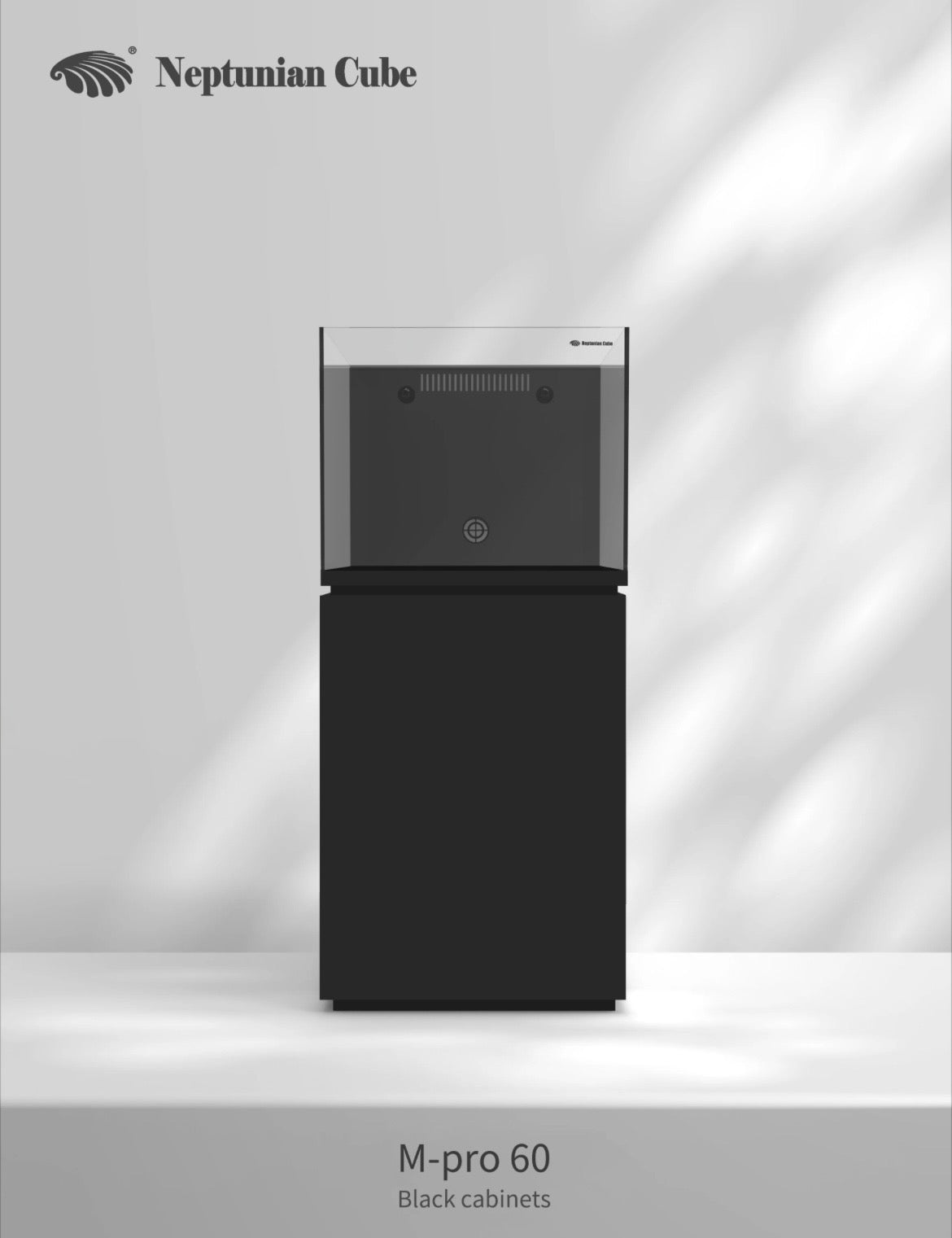 Neptunian Cube Magic Pro 60 reef aquarium met zwarte onderkast - vooraanzicht
