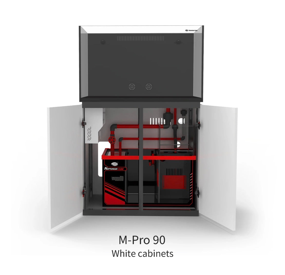 Neptunian Cube Magic Pro 90 wit open onderkast met sump, UPVC-leidingen en ATO-reservoir
