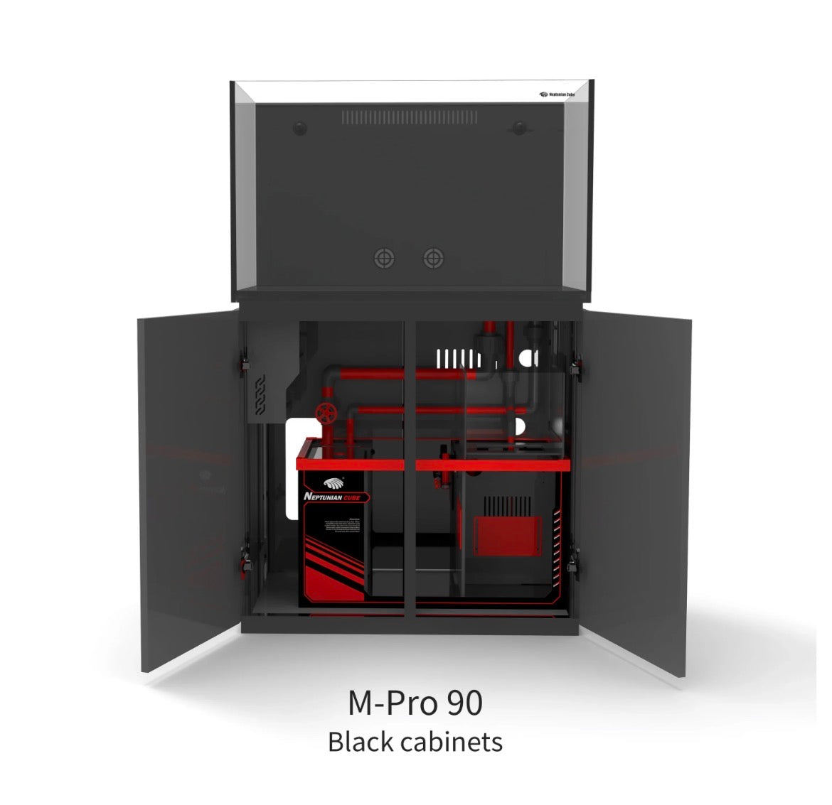 Neptunian Cube Magic Pro 90 zwart open onderkast met sump, UPVC-leidingen en ATO-reservoir
