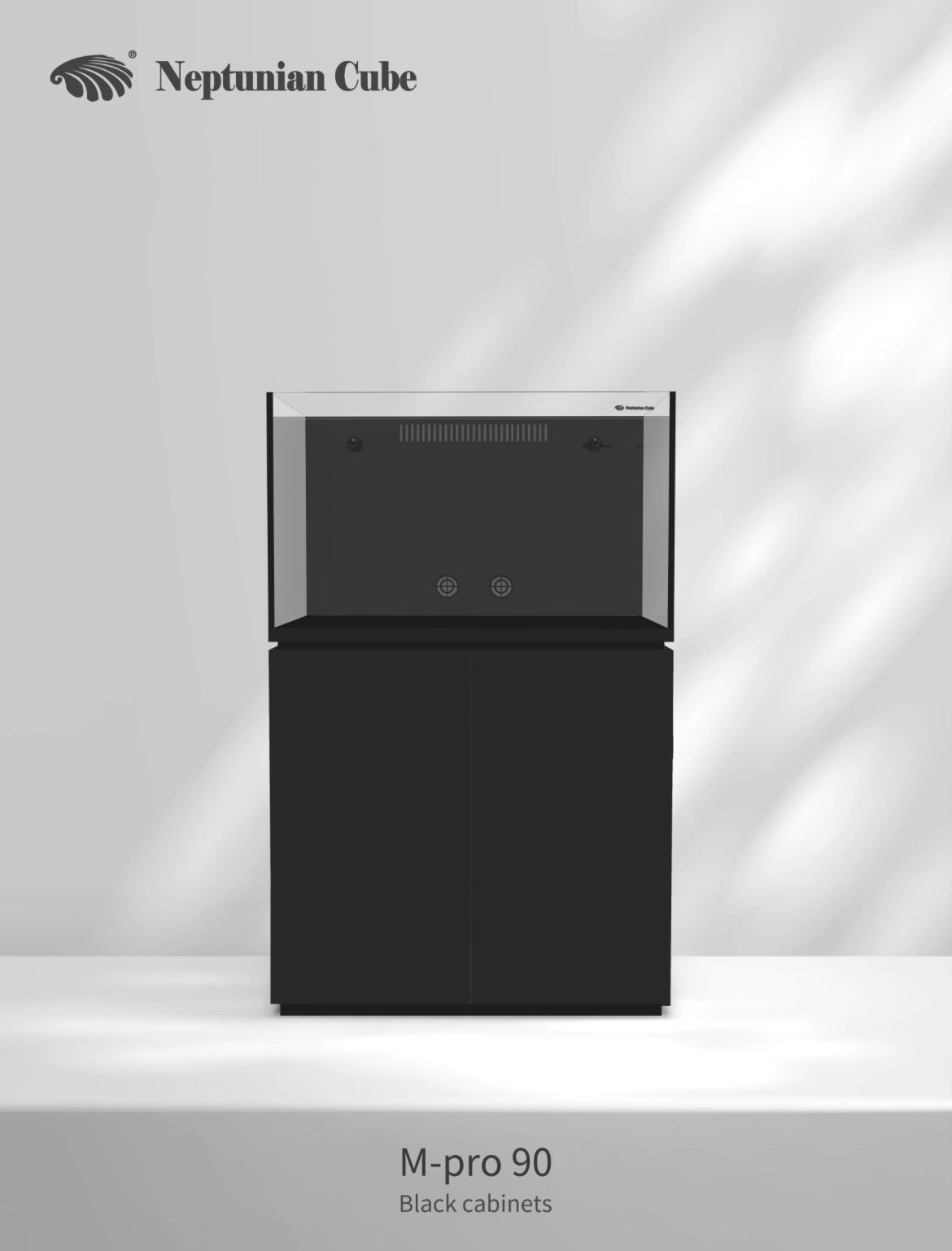 Neptunian Cube Magic Pro 90 reef aquarium met zwarte onderkast - vooraanzicht

